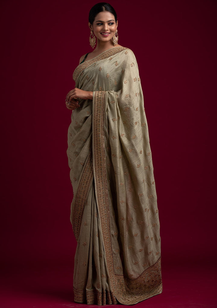 Pista Green Zariwork Raw Silk Designer Saree - koskii