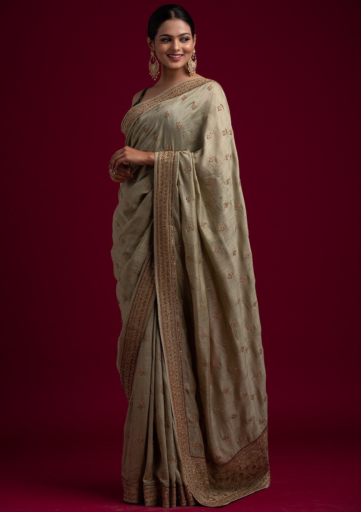 Pista Green Zariwork Raw Silk Designer Saree - koskii