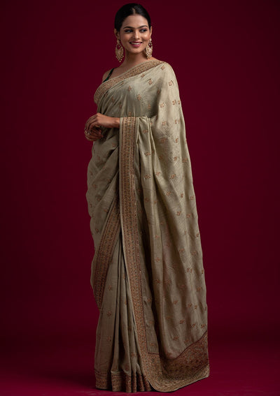 Pista Green Zariwork Raw Silk Designer Saree - koskii