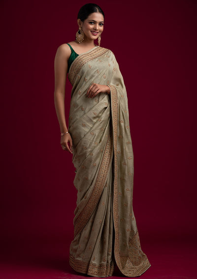 Pista Green Zariwork Raw Silk Designer Saree - koskii