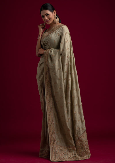 Pista Green Zariwork Raw Silk Designer Saree - koskii