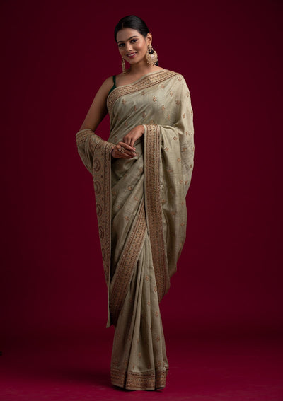 Pista Green Zariwork Raw Silk Designer Saree - koskii