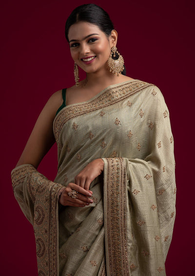 Pista Green Zariwork Raw Silk Designer Saree - koskii