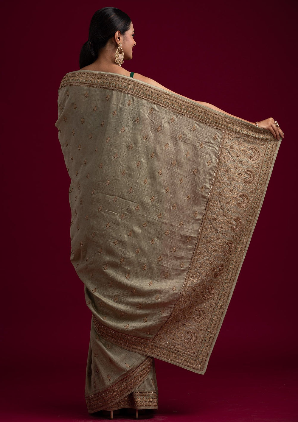Pista Green Zariwork Raw Silk Designer Saree - koskii