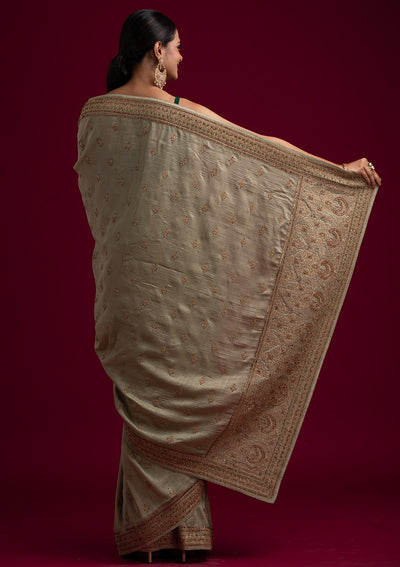 Pista Green Zariwork Raw Silk Designer Saree - koskii