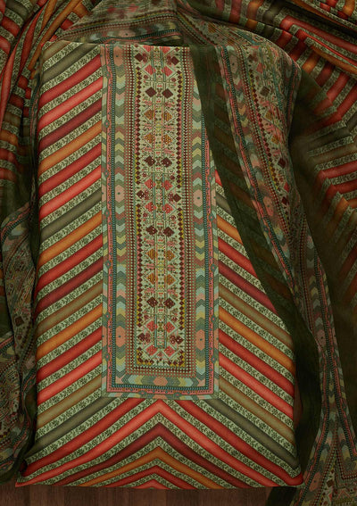 Mehendi Green Printed Art Silk Unstitched Salwar Suit-Koskii