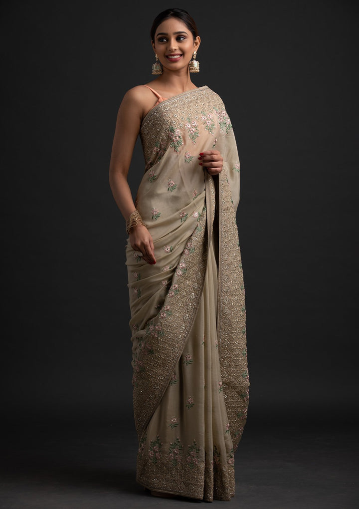 Pista Green Zariwork Shimmer Designer Saree - koskii