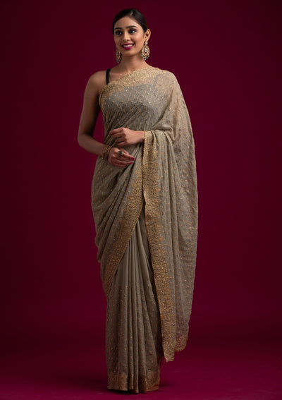 Light Brown Zariwork Shimmer Designer Saree - koskii
