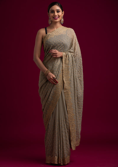 Light Brown Zariwork Shimmer Designer Saree - koskii