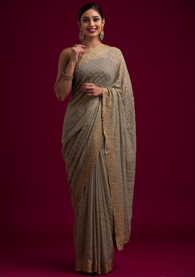 Light Brown Zariwork Shimmer Designer Saree - koskii