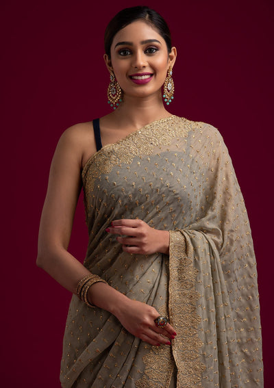 Light Brown Zariwork Shimmer Designer Saree - koskii