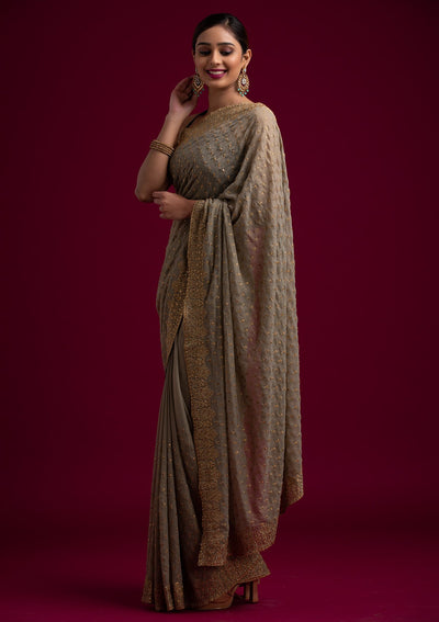 Light Brown Zariwork Shimmer Designer Saree - koskii