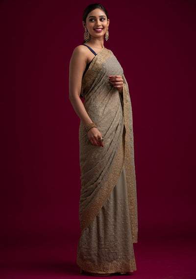 Light Brown Zariwork Shimmer Designer Saree - koskii