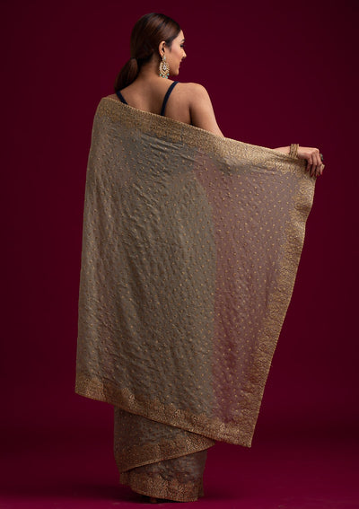 Light Brown Zariwork Shimmer Designer Saree - koskii