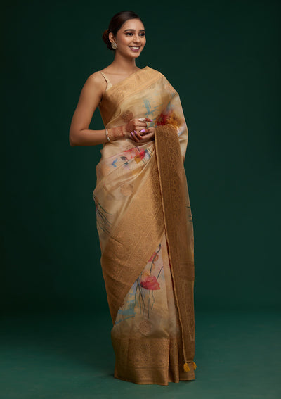 Pista Green Zariwork Taffeta Silk Saree- Koskii