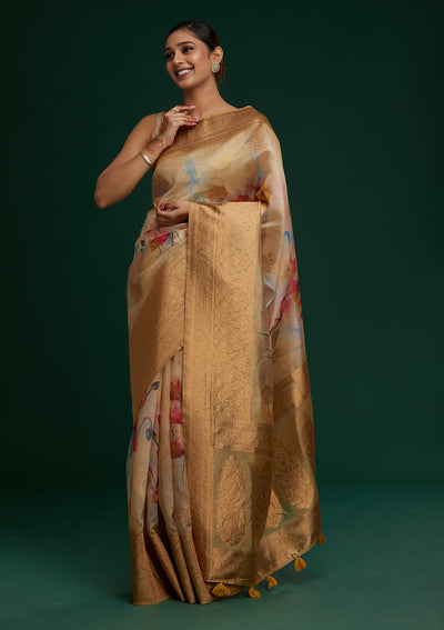 Pista Green Zariwork Taffeta Silk Saree - Koskii