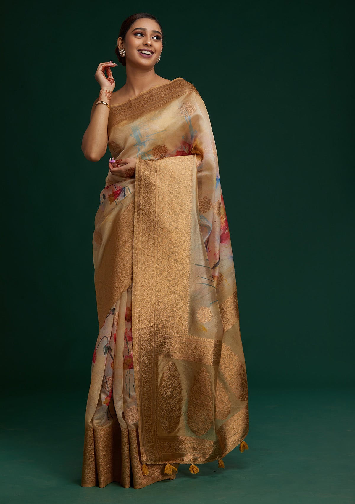 Pista Green Zariwork Taffeta Silk Saree - Koskii