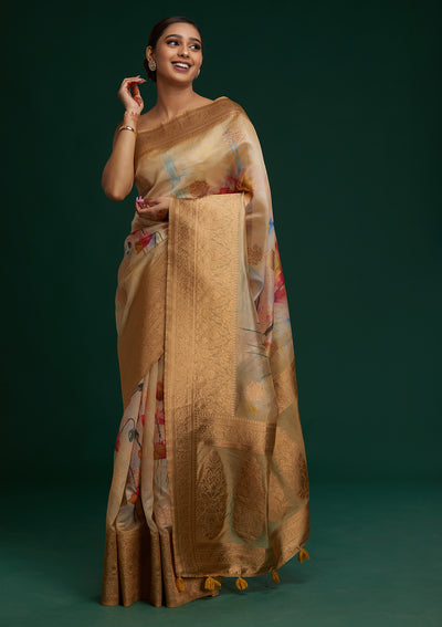 Pista Green Zariwork Taffeta Silk Saree - Koskii