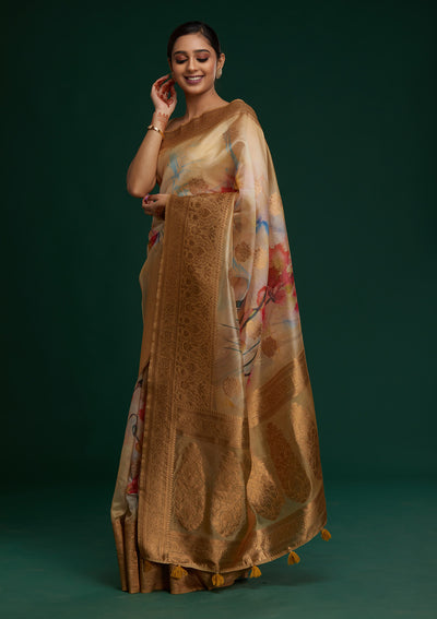 Pista Green Zariwork Taffeta Silk Saree - Koskii