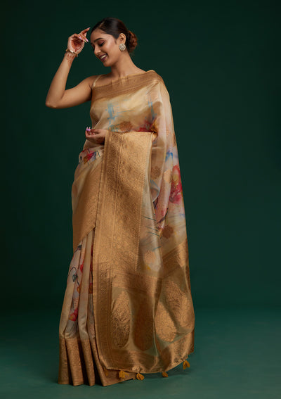 Pista Green Zariwork Taffeta Silk Saree - Koskii