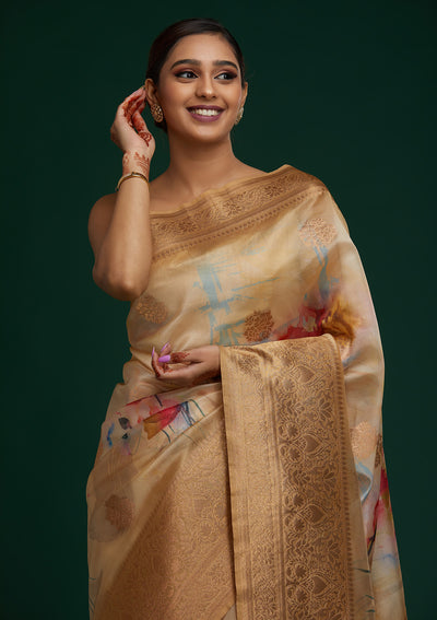 Pista Green Zariwork Taffeta Silk Saree - Koskii