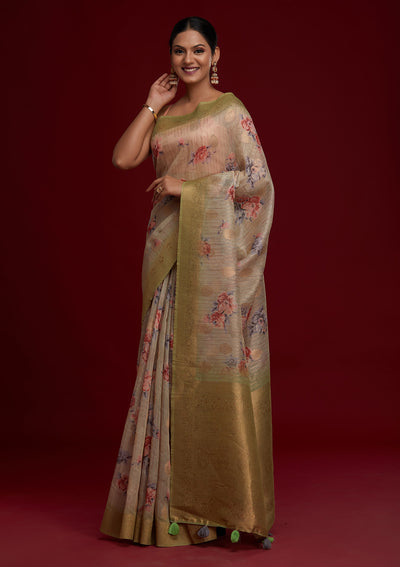 Pista Green Zariwork Taffeta Silk Saree- Koskii
