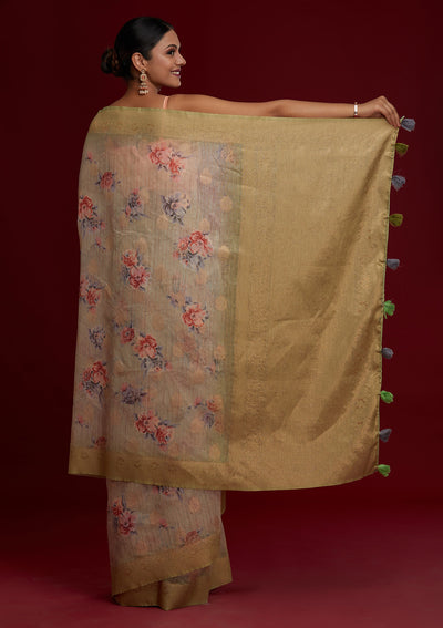 Pista Green Zariwork Taffeta Silk Saree - Koskii