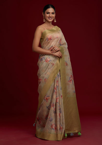 Pista Green Zariwork Taffeta Silk Saree - Koskii