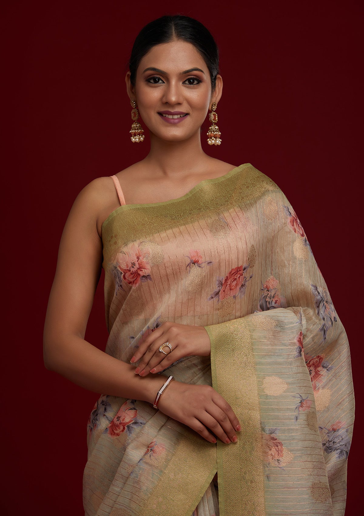 Pista Green Zariwork Taffeta Silk Saree - Koskii