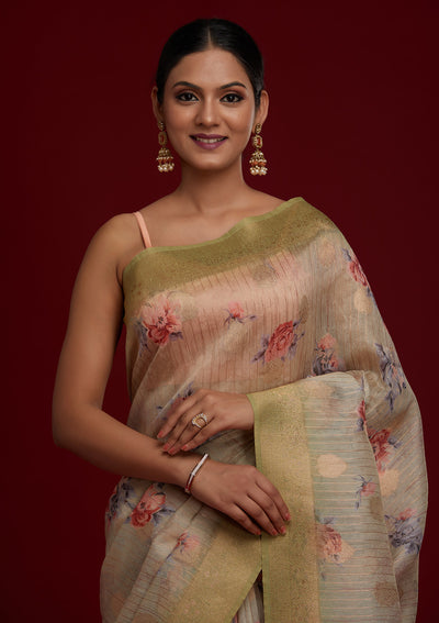 Pista Green Zariwork Taffeta Silk Saree - Koskii
