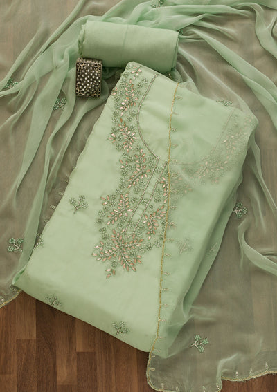 Pista Green Gotapatti Organza Unstitched Salwar Suit-Koskii