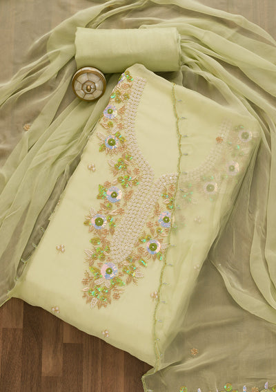 Pista Green Pearlwork Organza Unstitched Salwar Suit-Koskii