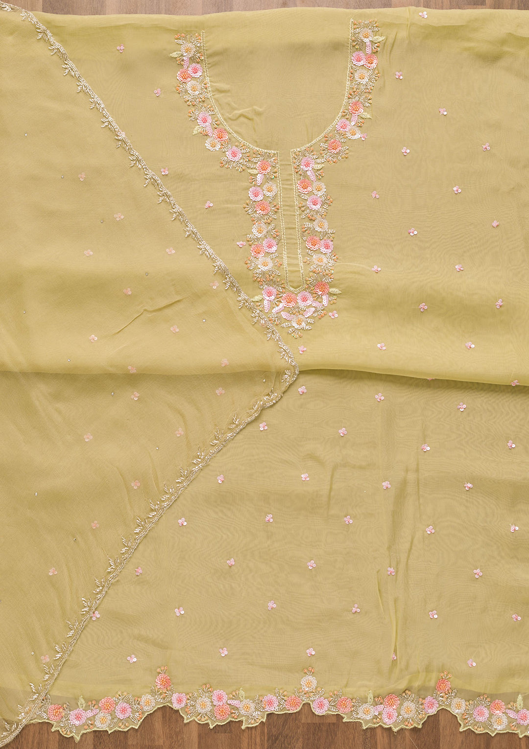 Pista Green Sequins Organza Unstitched Salwar Suit-Koskii