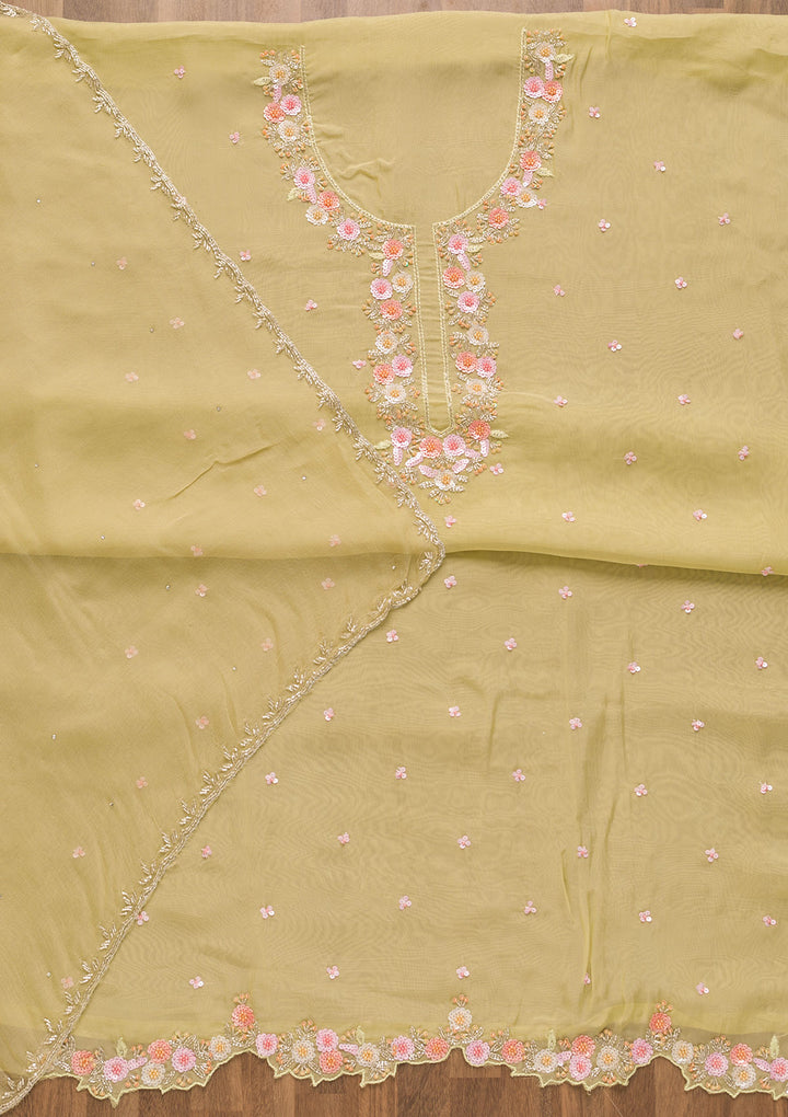 Pista Green Sequins Organza Unstitched Salwar Suit-Koskii