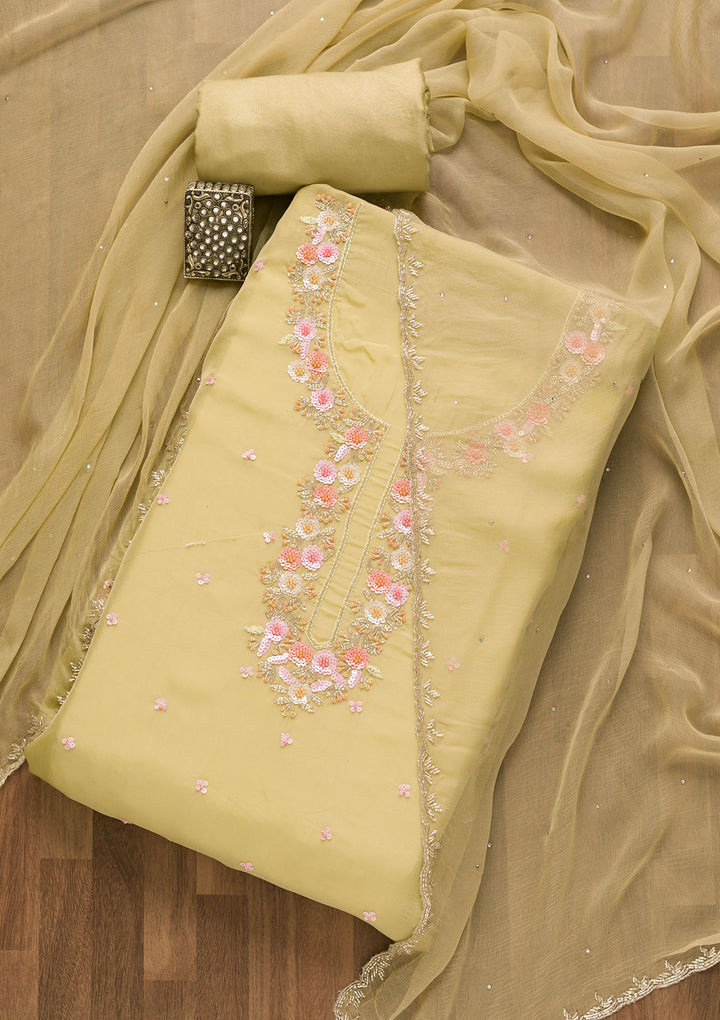 Pista Green Sequins Organza Unstitched Salwar Suit-Koskii