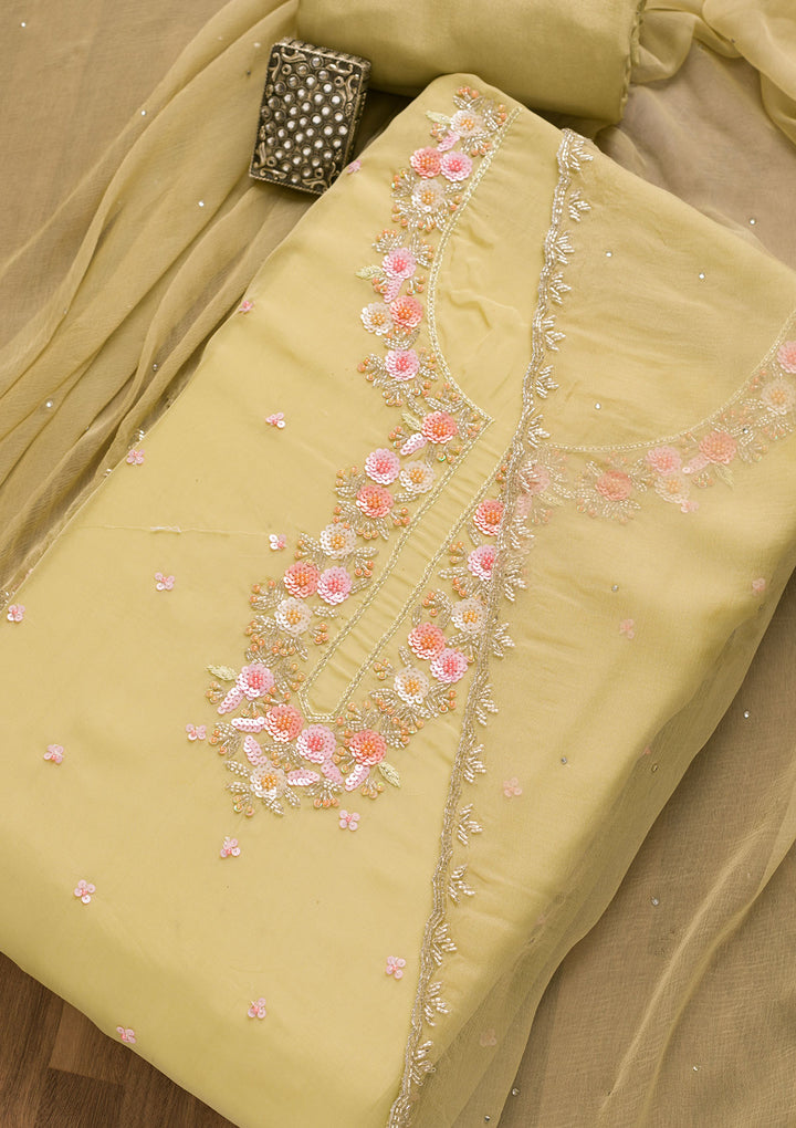 Pista Green Sequins Organza Unstitched Salwar Suit-Koskii