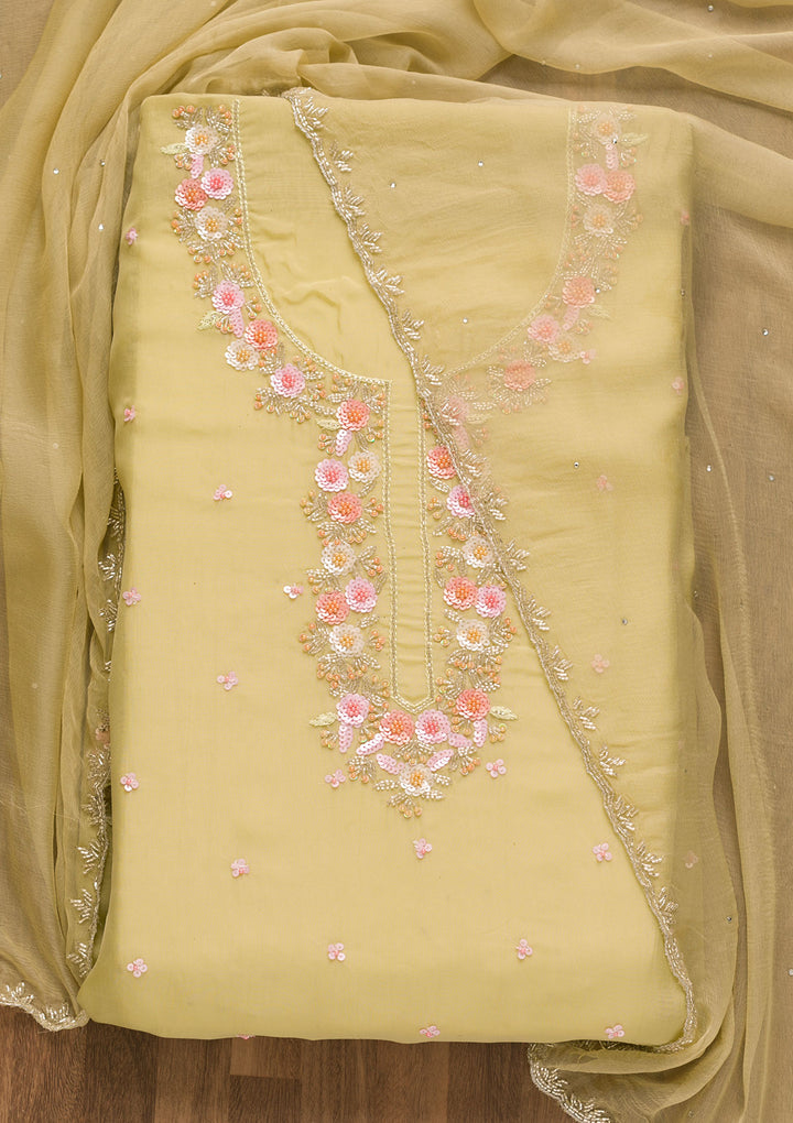Pista Green Sequins Organza Unstitched Salwar Suit-Koskii
