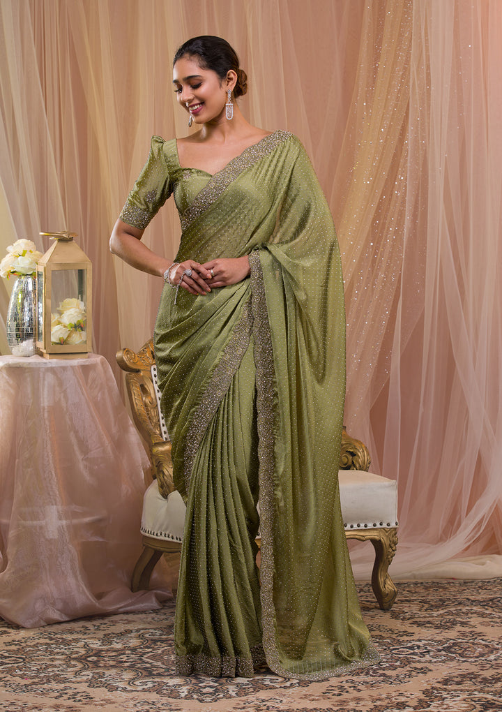 Pista Green Silver Stonework Crepe Saree-Koskii