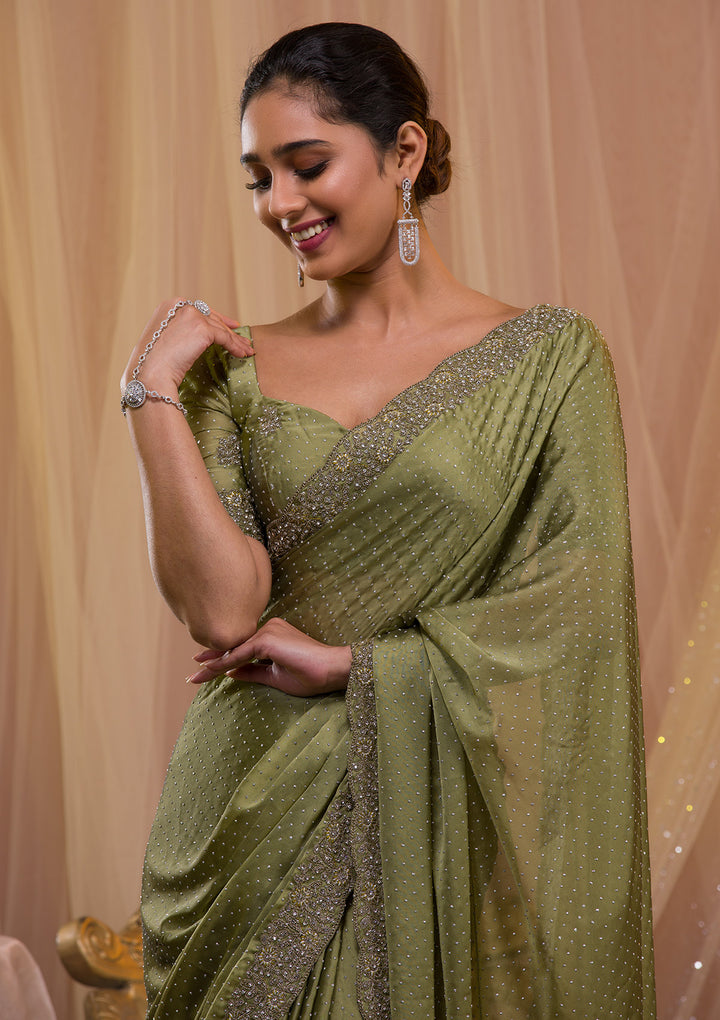 Pista Green Silver Stonework Crepe Saree-Koskii
