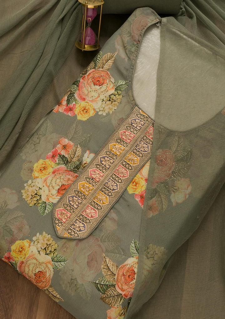 Pista Green Swarovski Semi Crepe Unstitched Salwar Suit-Koskii
