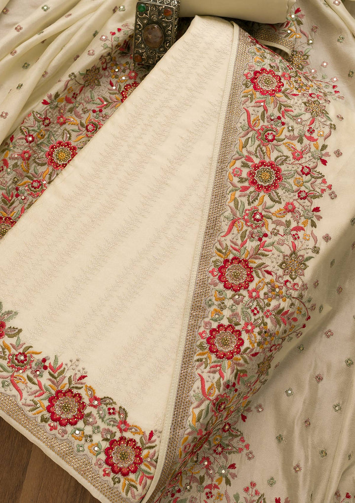 Pista Green Threadwork Crepe Unstitched Salwar Suit-Koskii