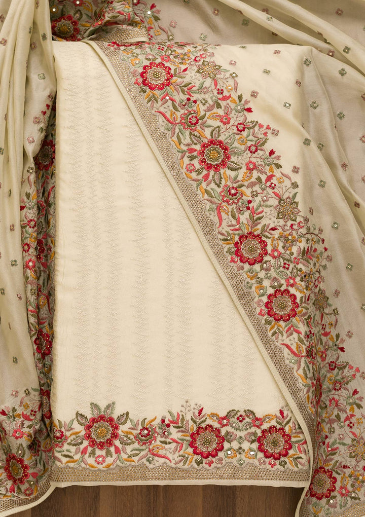 Pista Green Threadwork Crepe Unstitched Salwar Suit-Koskii