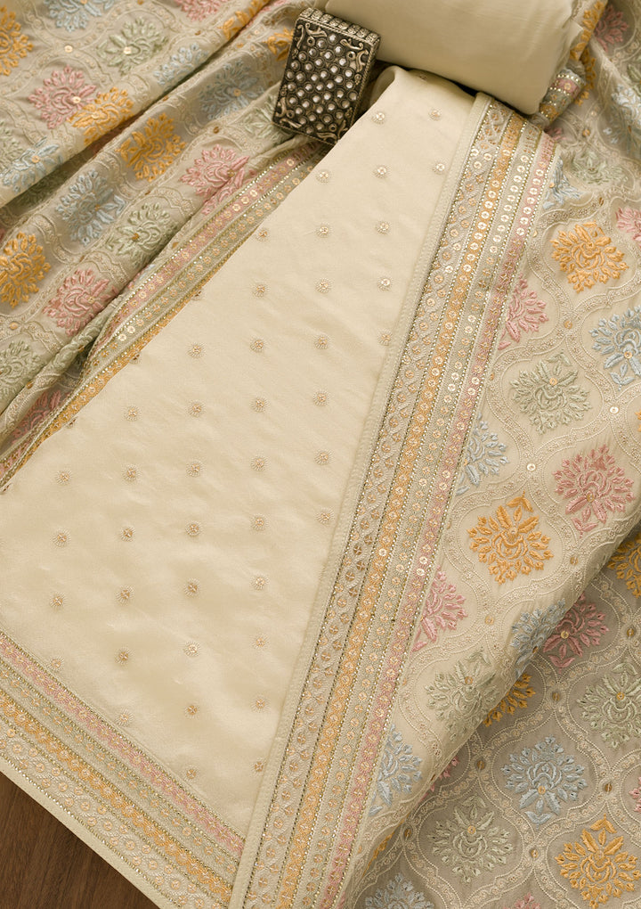 Pista Green Threadwork Tissue Unstitched Salwar Suit-Koskii