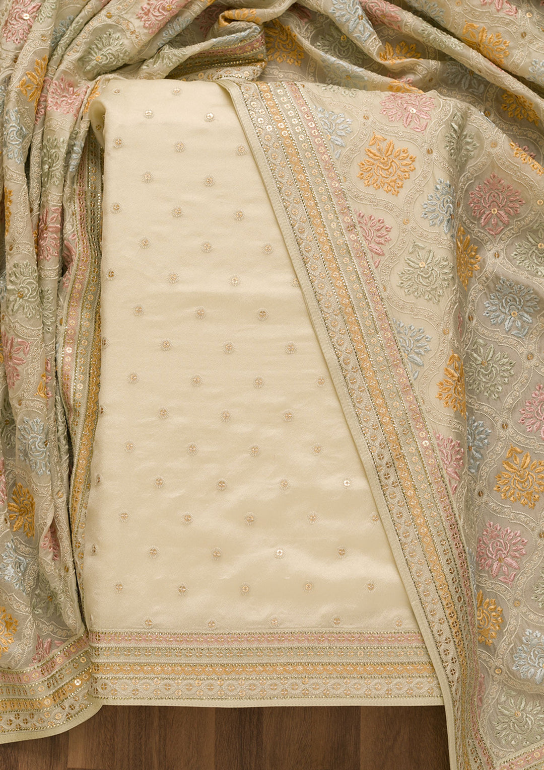 Pista Green Threadwork Tissue Unstitched Salwar Suit-Koskii