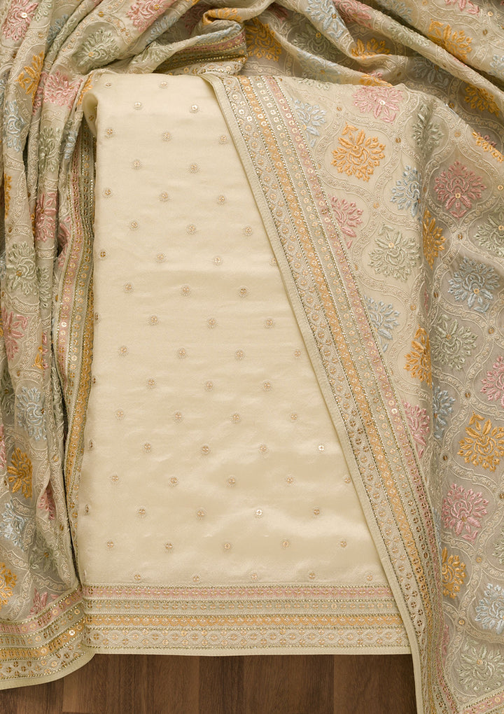 Pista Green Threadwork Tissue Unstitched Salwar Suit-Koskii