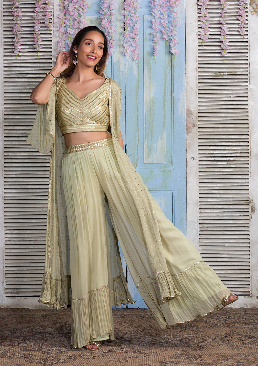 Pista Green Zariwork Georgette Readymade Salwar Suit-Koskii
