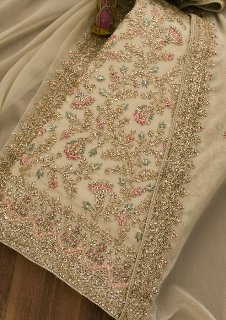 Pista Green Zariwork Georgette Unstitched Salwar Suit-Koskii