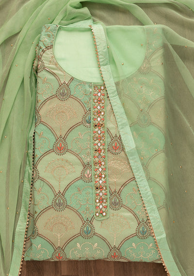 Pista Green Zariwork Poly Chanderi Unstitched Salwar Suit-Koskii