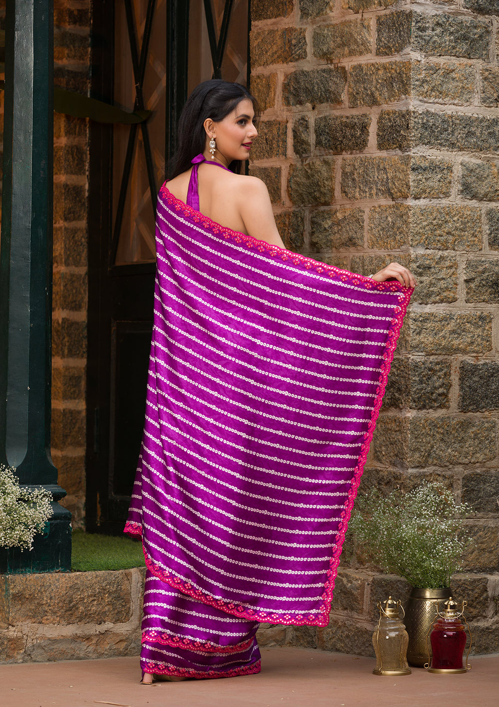 Purple Bandhani Satin Saree-Koskii