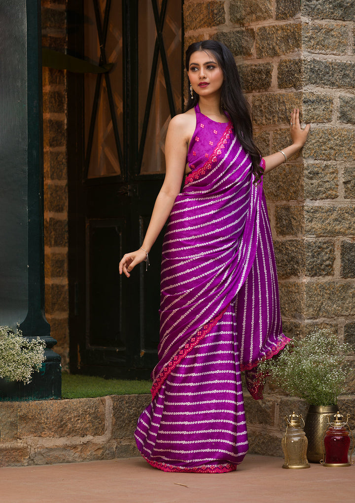 Purple Bandhani Satin Saree-Koskii
